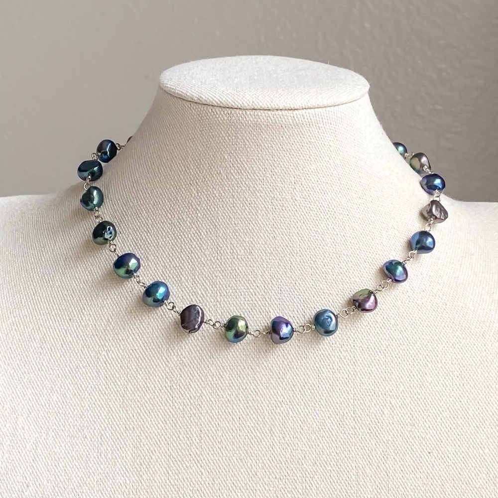 Handmade Iridescent Peacock Pearl Necklace with 925 Sterling Silver Accents